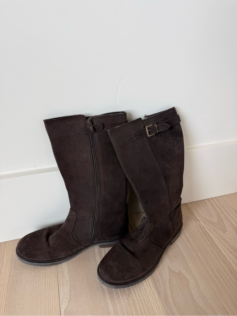 Lands' End Kids Brown Suede Mid-Calf Boots with Side Zip